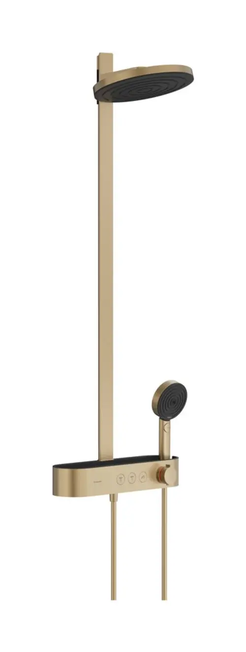 Hansgrohe Duschsystem mit großer Regenbrause und Handbrause, montiert auf einer senkrechten Stange. Bedienfeld mit einstellbaren Funktionen in der Mitte. Farbton Brushed Bronze.